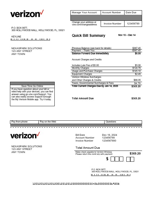 USA Verizon business utility bill template in Word and PDF formats
